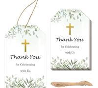 50 Pcs Gold Foil Baptism Thank You Tags 2.2 x 3.5inch Green Leaves God Blessed Cross Gift Tag with String for Birthday DIY Craft Party Favor Newborn Baby Shower Birthday Bridal Shower and Wedding