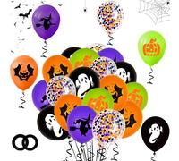 50 PCS Halloween Balloons, 12 Inch Black Orange Purple Transparent Sequins Balloons, Fun Pumpkins, Bats, Ghosts, Witches, for Halloween Family Ghost Party Decoration Supplies
