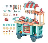 HOMCOM 50 Pcs Kids Kitchen Play set Pretend Trolley Cart Toys for Age 3-6 - Blue, Red and Orange - 79.5cm x 33cm x 90.5cm - Kid Fast Food Shop Playset