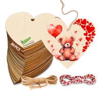 50 PCs Large Wooden Hearts 10cm - Bulk Set Wood Heart for Crafts - Wood Heart Hanging with String - Unfinished Blank Wooden Hearts Crafting Decorations for Weddings & DIY