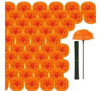 50 Pcs Marigold Flower Bulk Decorations, Artificial Marigold Flowers, Silk Marigolds Flower Heads with Stems, Halloween Flower Day of The Dead Decoration for DIY Wreath Garland Holiday Home