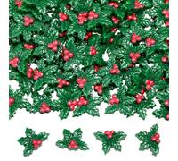 50 Pcs Mini Christmas Decorations Miniature Resin Triple Leaf Holly Berries Ornament Christmas Simulation Holly Berries Leaves DIY Tiny Craft Charms for Xmas Tree Wreath Card Gift Fillers Supplies