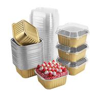 50 Pcs Mini Square Baking Cups with Lids,5oz Aluminum Foil Mini Cake Pans with Lids,Disposable Ramekins Cake Pans,150ml Dessert Cups Cupcake Pans for Wedding Birthday Party,Gold