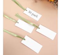 50 Pcs Name Cards for Table Setting, 1.57 x 3.54 Inch Blank Wedding Place Cards with Green Satin Ribbon for Wedding Banquet Dinner Ceremony Church Hanging Gift Tags for Arts Crafts Party Favors