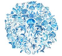 50 Pcs Ocean Animal Stickers, Aesthetic Waterproof Under The Sea Marine Life Stickers, Self-Adesive Vinyl Sea Life Aesthetic Sticker for Women Student Water Bottle Laptop Phone Scrapbook Decor, Blue