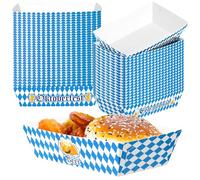 50 PCS Oktoberfest Paper Food Tray, Blue White Oktoberfest Party Supplies with 3 Designs, Disposable Oktoberfest Decorations, Fold-to-Assemble Boat Beer Festival Food Tray for Bavarian Celebration