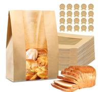 50 PCS Paper Bread Bags for Homemade Bread, Sourdough Bread Bag with Window 13.7x8.2x3.5 in Kraft Paper Bakery Bag with Stickers for Sandwiches Biscuits Cakes
