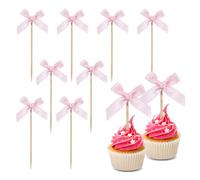 50 PCS Pink Bow Cupcake Toppers Bow Cake Topper Mini Bowknot Cupcake Picks Cake Decorations Pink Ribbon Birthday Decorations for Bachelorette Bridal Engagement Wedding Girl Baby Shower Theme Party