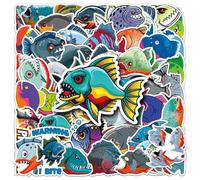 50 Pcs Piranha Stickers Vinyl Cute Fish Sticker for Water Bottle Laptop Skateboard Scrapbook Luggage Guitar Car Computer Bike,Waterproof Funny Cartoon Sea Animals Stickers for Teens Kids Girls