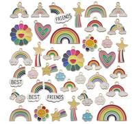 50 Pcs Rainbow Charm Pendants, Enamel Metal Mixed Sunflowers Meteors Clouds Necklace Charms for Earring Bracelet Keychain DIY Craft Making Jewelry Accessories (Muti)