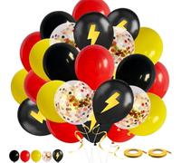 50 Pcs Red Black Yellow Balloons 12 Inch, Lightning Cartoon Confetti Latex Balloons for Boys Birthday Party, Superhero Theme, Race Car Decorations with Ribbon, Helium Ready for Kids Carnival