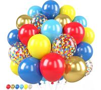 50 Pcs Red Blue Yellow Balloon, 12 Inches Metallic Gold Light Blue Yellow Red Confetti Balloons Dark Blue Ballon for Kids Boys Carnival Theme Birthday Party Baby Shower Decorations