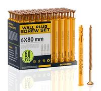 50 Pcs Screws And Yellow Wall Plugs Set, 6mm x 80mm Anchor Bolts,Heavy Duty Rawlplug Mixed Sizes Assortment,Fasteners For Brick,Masonry,Plasterboard Fixings,Tv Bracket,Plaster