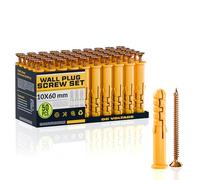50 Pcs Screws And Yellow Wall Plugs Set, Anchor Bolts Assorted,Heavy Duty Rawlplug Mixed Sizes Assortment (10mm*60mm),Fasteners For Brick,Masonry,Plasterboard Fixings,Tv Bracket,Plaster
