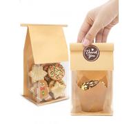 50 Pcs Small Cookie Bags with Seal & Window,Tin Tie Tab Lock Bakery Bags with 56 Stickers, Resealable Paper Cookie Packaging Bag for Muffin, Treat, Brownie, Candies, Granola