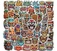 50 Pcs Tribal Mask Stickers Pack, Colorful Vinyl Decal Set Featuring Tiki and Totem Inspired Faces, Waterproof Cartoon Stickers for Laptop, Skateboard, Notebook, Luggage, Water Bottle, Guitar