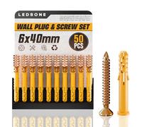50 Pcs Wall Plugs and Screws Set 6x40mm Masonry Screws Kit, M6 Expansion Anchor Bolts Raw Plug Self Tapping, Heavy Duty for Brick Concrete Drywall Plasterboard Shelves Curtain Rails Mirrors