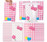 50 Pcs Whimsical Pink Kitten Party Favor Pouches with Elegant Floral Bow Tie Designs and Convenient Handles, Ideal for Candy Snack Distribution at Special Events