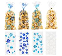 50 Pcs Winter Snowflake Treat Bags,Blue White Plastic Snowflakes Candy Sack Food Cellophane Bag with Twist Ties for Christmas Holiday Winter Wonderland Xmas Party Favors