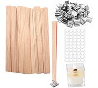 50 Pcs Wooden Candle Wicks + + 50pcs 304 Stainless Steel Base + 50 Double-Sided Stickers,Thickened Wood Wicks with Iron Stand & Candle Wick Trimmer& Candle Wick Stickers for Candle Making, 5.1 X 0.51”
