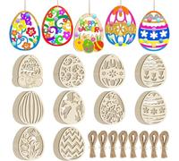 50 Pcs Wooden Easter Ornaments to Paint, 10 Styles DIY Blank Unfinished Wood Egg Cutouts Ornament Wood Pendants Pom-poms Glitter Pipe Cleaners for Kids Spring Classroom Home Activity Art Project