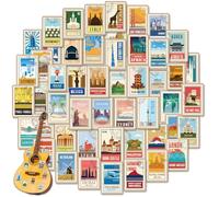 50 Pcs World Travel Stickers, Vintage World Famous Landmark Travel Map Sticker Waterproof Vinyl Paster for Kids Teens Adults Water Bottle Laptop Scrapbook Phone Skateboard
