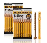 50 Pcs X 2Pack Wall Plugs and Screws Set 8 x 80mm Masonry Self Tapping Screws Expansion Pipe Anchor Bolts M6/M8/M10 Heavy Duty Wood Screw and Wall Plugs Kit for Brick, Concrete, Masonry, Drywall