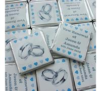 50 Personalised Wedding Vow Renewal Milk Chocolate Favours Silver Rings - Any Colour Hearts
