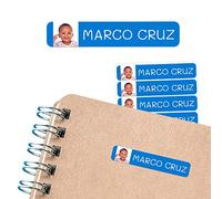 50 Personalized Stickers, with Photo or Image, 6 x 1 cm, to Mark Objects, Books, Lunch Boxes, etc. Dark Blue Color