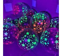50-Piece Star Glow Balloons Set with Fluorescent Patterns - Complete Party Decoration Kit Including Balloon Chain, Tool and Ribbon for UV Light Night Events and Celebrations