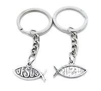 50 Pieces Antique Silver Tone Keychain Keyring Keytag AA4615 Jesus Christian Fish Key Chain Ring Tag Jewelry Making Charms