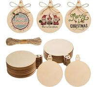 50 Pieces Christmas Wooden Baubles Unfinished Christmas Ornaments Round Wooden Discs Blank Wood Circles with Hole Wood Slices with Twine for DIY Present Tags Crafts Christmas Xmas Holiday Tree Decor