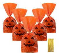 50 Pieces Halloween Favor Bags Pumpkin Smile Pattern Flat Cellophane Treat Bags Halloween Plastic Party Bags for Bakery, Popcorn, Cookies, Candies and Dessert with 100 Pieces Gold Twist Ties