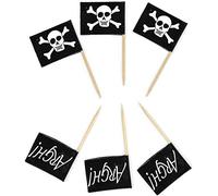 SHATCHI 12154 Pirate Flag Wooden Tooth Picks Cocktail Sticks, Pack of 50, Black