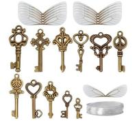 50 Pieces Vintage Skeleton Keys Flying Keys Charm Set for Jewellery Making | Skeleton Keys with Wing and Crystal String for Vintage Key Charms Decoration, Antique Keys for Christmas Wedding Party