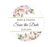 50 Save The Date Stickers Personalised Wedding Engament Evening Labels 40MM Classic Invites Envelope Seals - Rd 801 (08 Pink Rose)