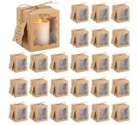 50 Set Candle Present Boxes with Transparent Window, Thank You Tags and Twine, Paper Present Packing Boxes for Weddings, Parties, Bridal Showers, Khaki, for 4 to 10 oz Round Candles