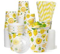 50 Sets 150 Pcs 9 Oz Lemonade Cups With Lids And Drinking Straw, Lemonade Stand Supplies, Lemon Patterned Summer Cold Drink Cup, Disposable Fruit Juice Coffee Paper Cup, Party And Outdoor Supplies