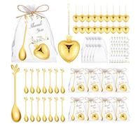 50 Sets Bridal Shower Tea Party Favor for Guests Leaf Tea Spoon Heart Tea Infuser for Loose Leaf Tea Steeper with Thank You Card Organza Bags for Wedding Decoration Gift Souvenirs (50, Gold)
