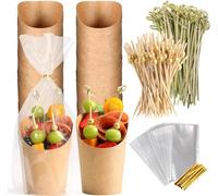 50 sets of 14 ounce deli cups, paired with sticks, single box black paper, disposable fruit appetizer cups (50 cups+200 cocktails with thorns+50 bags) (Brown)