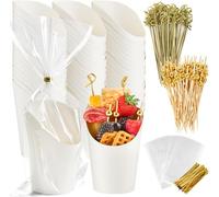 50 sets of 14 ounce deli cups, paired with sticks, single box black paper, fruit appetizer cup (50 cups+200 cocktails with thorns+50 bags) (White)