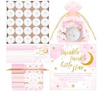 50 Sets Twinkle Twinkle Baby Shower Candle Favors 50 Pcs Tealight Candles for Guests with 50 Moon Star Organza Bags and 50 Little Star Thank You Tags for Gender Reveal(Pink)