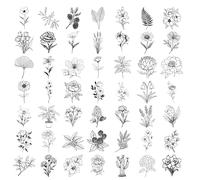 50 Sheets Black and White Botanical Scrapbook Stickers Decorative Vinyl Stickers for Scrapbooking Creative Flower Motifs Adhesives for DIY Planner Travel Scrapbook Supplies