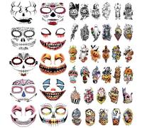 50 Sheets Halloween Temporary Tattoo Family Set Day of Dead Pumpkin Ghost for Women Black Fake Death Skull Floral Skeleton Tatoos for Men Boy Girl, Halloween Zombie Makeup Tattoo Party Favor Supplies