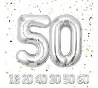 50 Silver Balloons for Birthday Party Decor, Giant Helium Foil Number Balloons for 50th Birthday, Anniversary Party Decorations