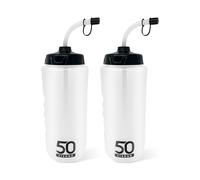 50 Strong 1 Liter Sports Water Bottle W/Straw 2 Pack - Easy Squeeze + Built in Finger Grip & Carry Loop - BPA Free Plastic - Use W/Sport Helmet in Football & Hockey - (Clear/Black, 2 Pack)