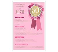 50 Today Birthday Card for Female, Born in 1976 Memorable Moments, Pink Design, 23x15cm