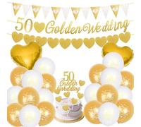 50 Wedding Anniversary Decorations 50 Golden Wedding Banner Bunting Happy 50th Balloons CakeToppe Gold Heart Balloons for 50 Golden Couple Anniversary