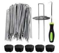 50 Weed Membrane Pegs + 50 Buffer Washer, 6"/150mm Weed Mat Pegs with Nail Hook, U-Shaped Ground Pegs, Metal Garden Pins for Netting Matting Cover Fabric Barrier Landscape Staples Stakes