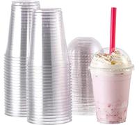 50 x 10oz Reusable Clear Plastic Smoothie Cups with Dome Lids and Straws for Bubble Tea [ 10oz, 300ml ] Ice Coffee Takeaway Cup with Lids, Cold Milkshake Juice Cups